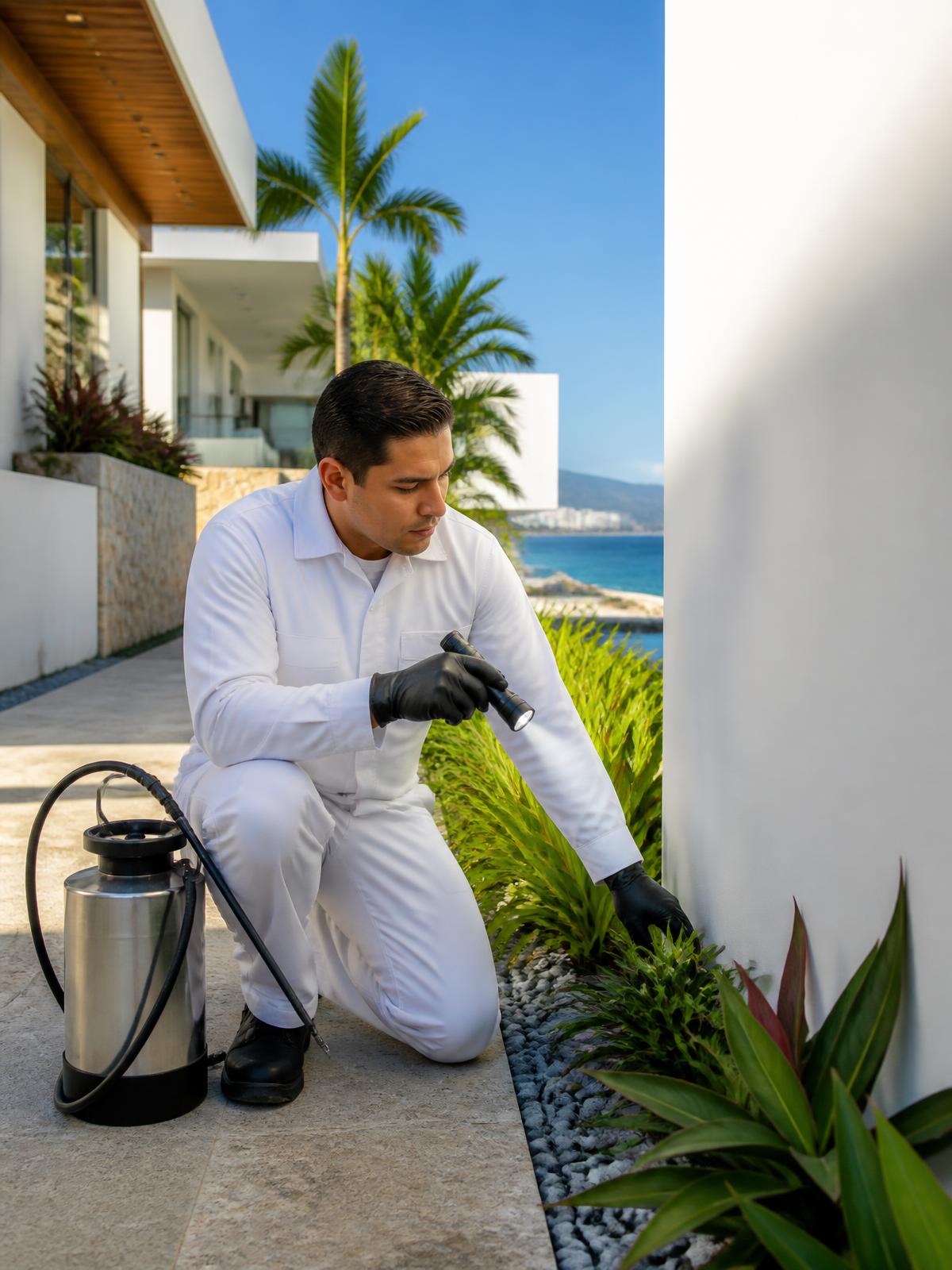 Técnico de PROTECNIX inspeccionando una propiedad costera en Puerto Vallarta